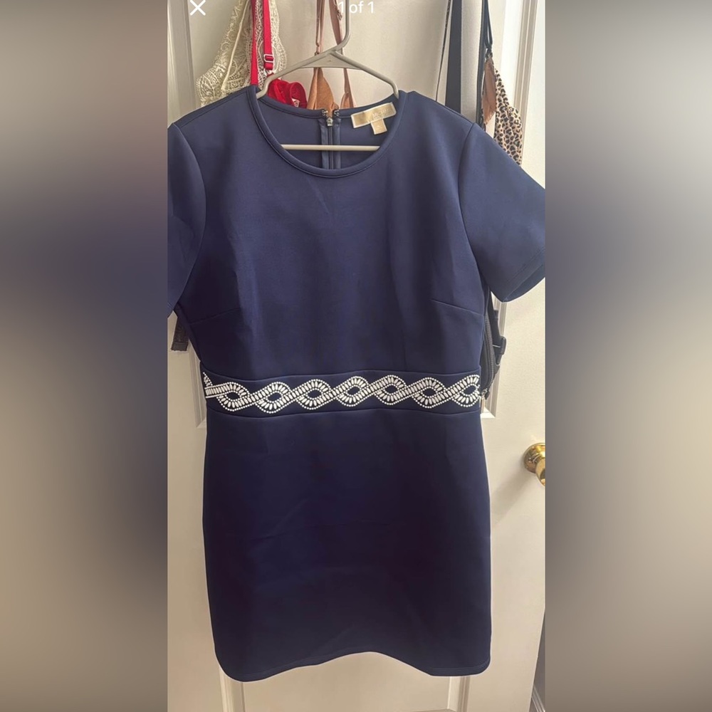 Michael Kors Navy Mini Dress with White Waist Detail